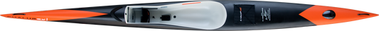 A long, ChalupSKI Molokai Carbon surfski top profile on a plain white background. The hull is primarily black with bright orange graphics and a white cockpit interior.