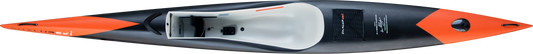Top-down view of a sleek, modern ChalupSKI Tarifa Carbon surfski in black and orange, featuring a white interior cockpit and visible cockpit hardware.