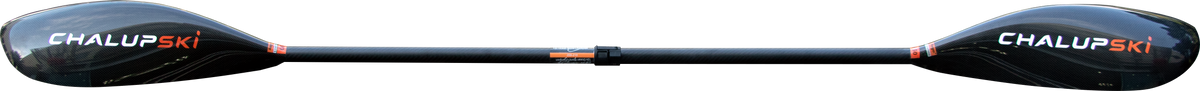 A close-up of a double-ended paddle blade showing the brand name 'ChalupSKI' in white text on black blades, with orange accents and a dark shaft.