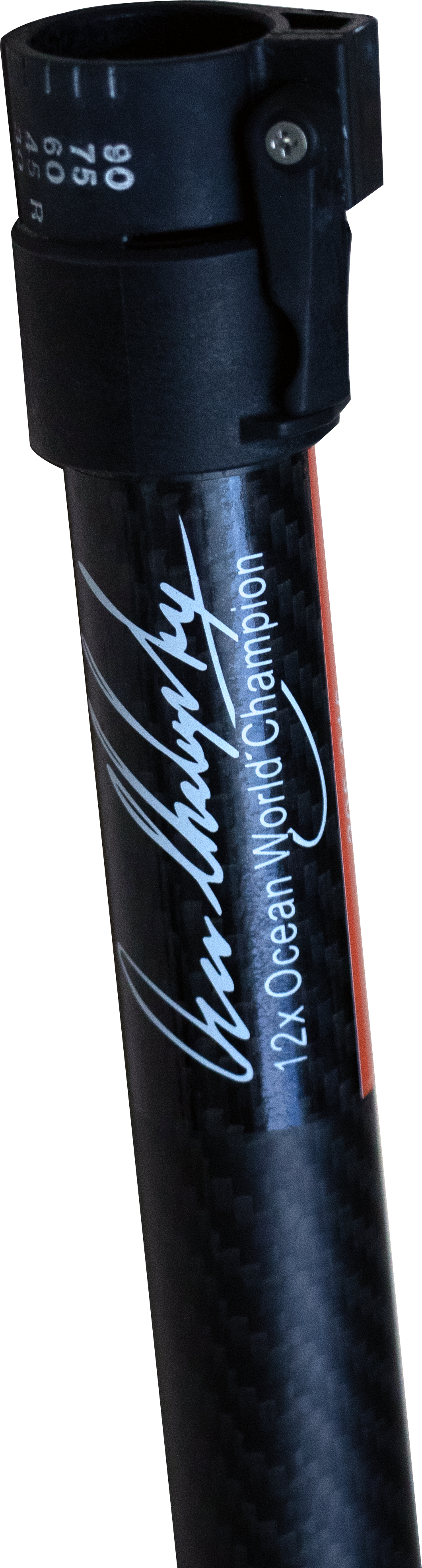 Close-up of a black carbon-fiber paddle shaft with a black plastic clamp at the top, featuring white script text reading Oscar Chalupsky' and '12X Ocean World Champion' printed along the shaft.