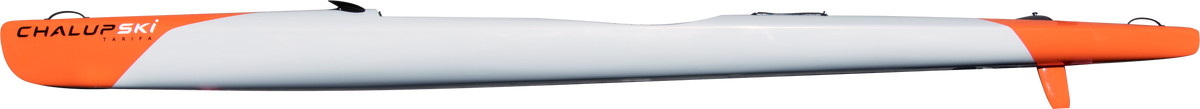 A long, narrow white and orange ChalupSKI Tarifa Hybrid surfski shown in side profile on a plain white background, with the brand name CHALUPSKI visible along the left side.