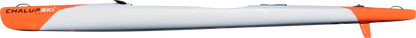 A long, narrow white and orange ChalupSKI Tarifa Hybrid surfski shown in side profile on a plain white background, with the brand name CHALUPSKI visible along the left side.