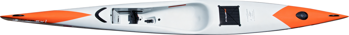 Top-down view of a white and orange sit-on-top ChalupSKI Tarifa Hybrid surfski with black accessories and a paddle visible, set against a plain white background.
