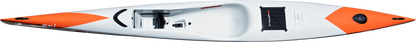 Top-down view of a white and orange sit-on-top ChalupSKI Tarifa Hybrid surfski with black accessories and a paddle visible, set against a plain white background.
