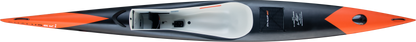 Top-down view of a sleek, modern ChalupSKI Tarifa Carbon surfski in black and orange, featuring a white interior cockpit and visible cockpit hardware.