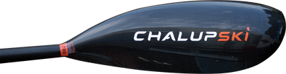 Close-up of a black carbon-fiber ski paddle head with the brand name ChalupSKI in white and orange lettering