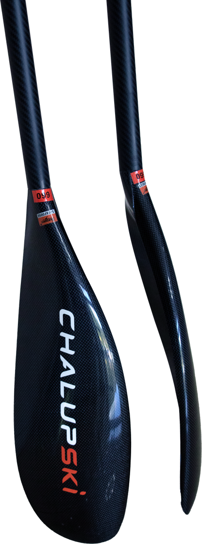 Two close-up views of a black carbon-fiber paddle blade with the brand name CHALUSKI printed vertically in white and red