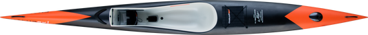 Top-down view of a sleek sit-on-top ChlupSKI Waikiki Carbon surfski in black and bright orange, featuring a white molded seat, black footrest, and paddle storage compartments.